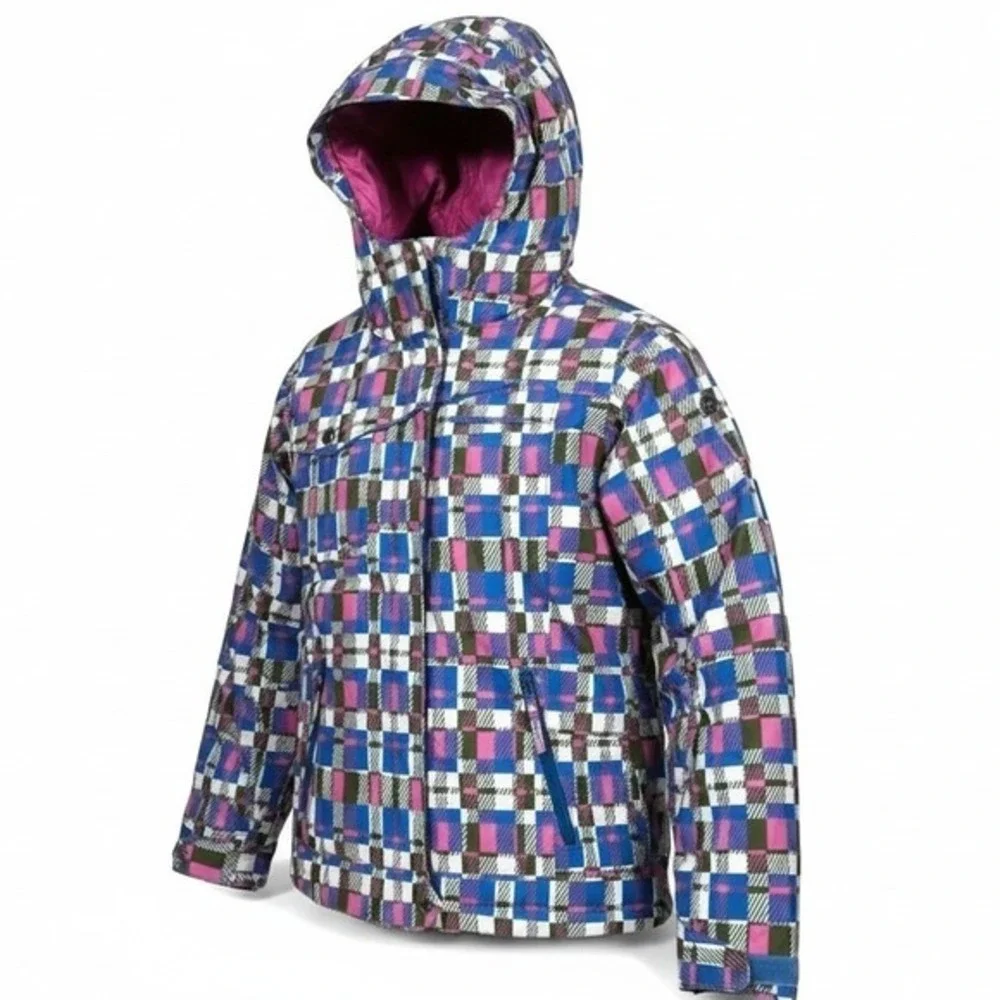 Columbia Youth Girls 10/12 Waterproof Rain Jacket Hooded Pink Blue Plaid SG 7424
